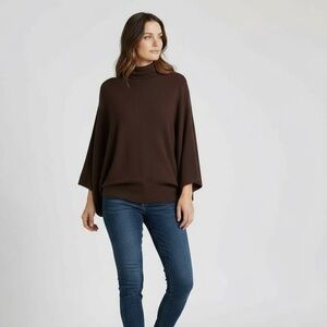Silk Blend Brown Mock Neck Dolan Ribbed Waist Wide Sleeve Top by Cable & Gauge